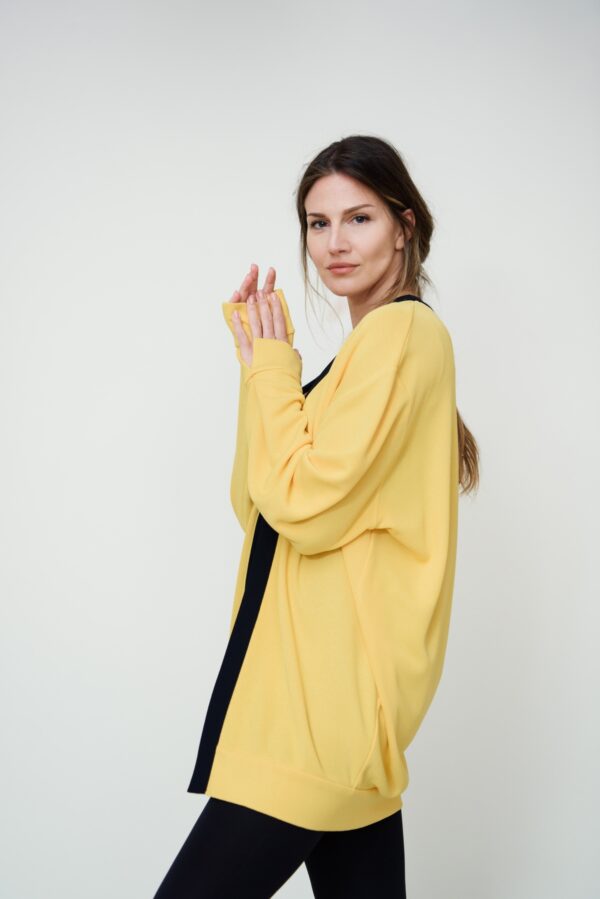 marija tarlac soft wool cardigan in yellow and navy blue 1