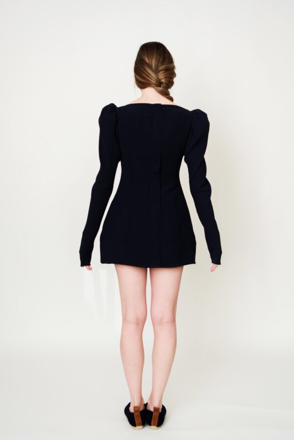 marija tarlac puffed shoulder round neck mini dress in navy blue 1