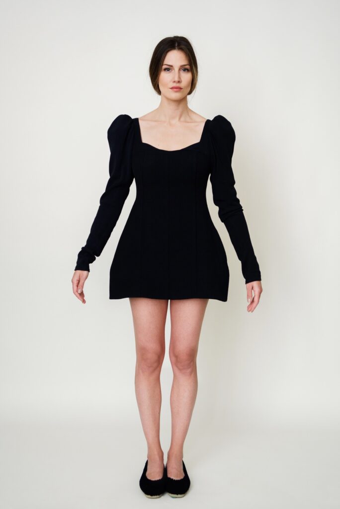 Puffed Shoulder Round-Neck Mini Dress in Black