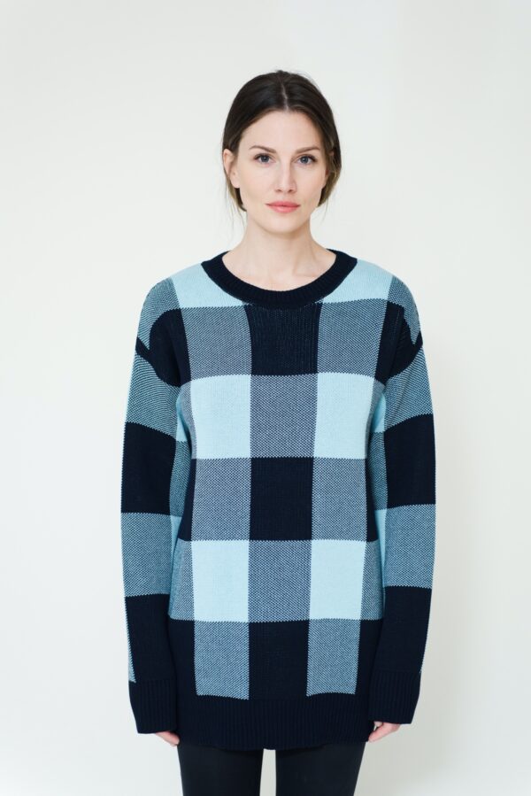 Checked Knit Sweater in Black and Blue