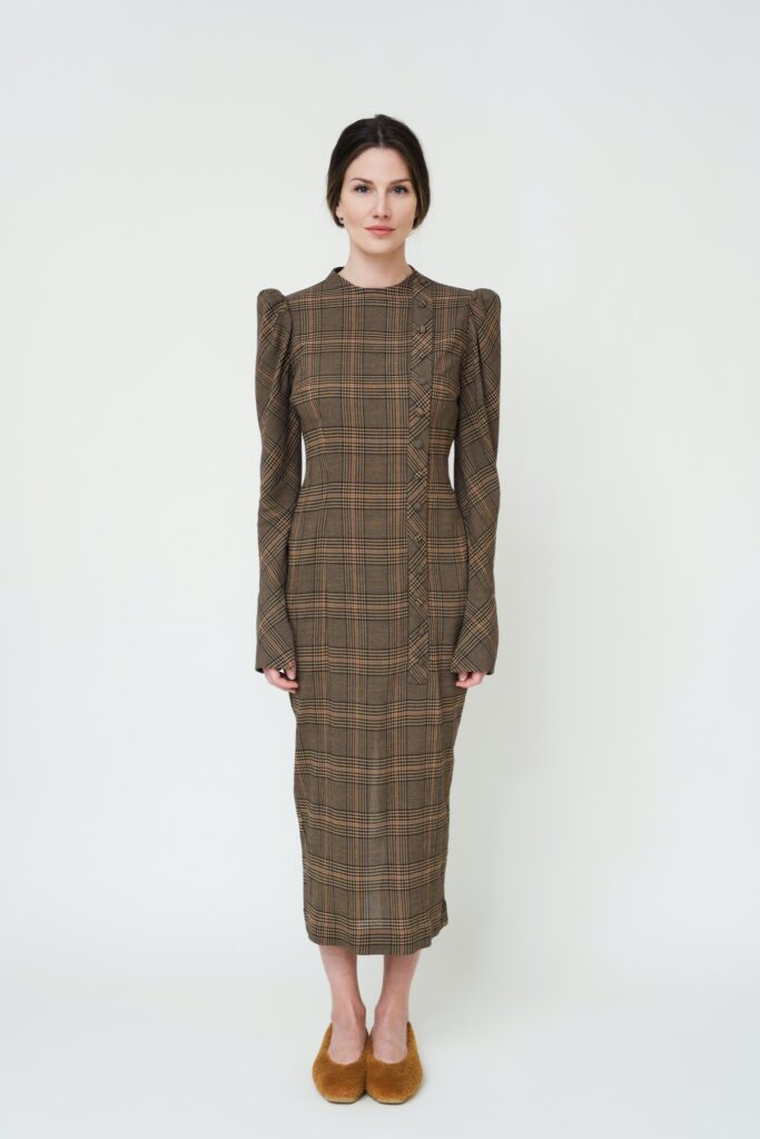 Midi Dress in Check-Printed Wool