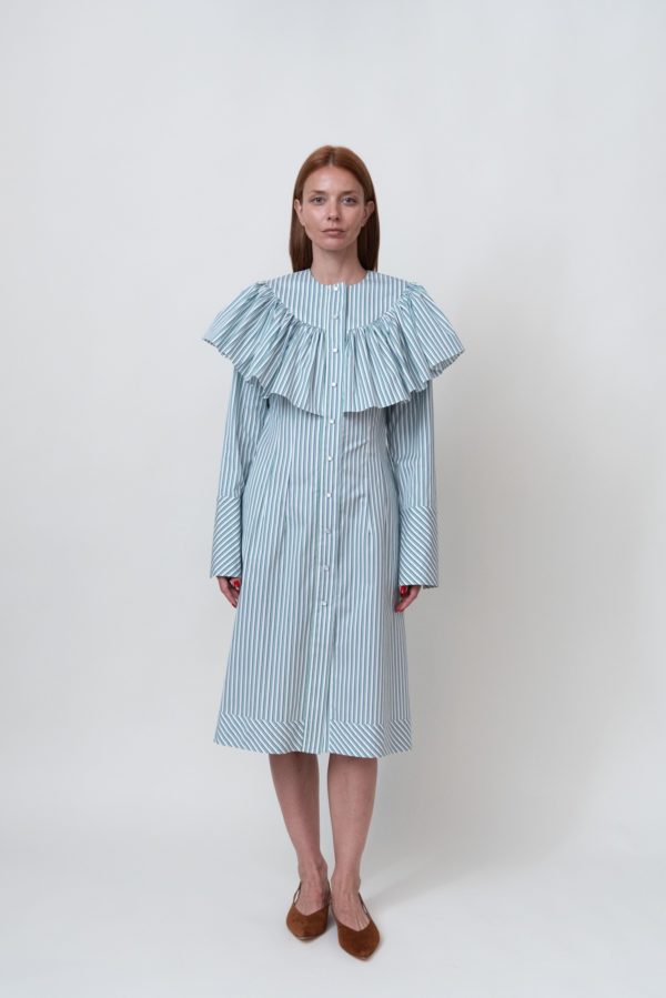 Ruffled Blue/Green Stripes-Print Cotton Midi Dress