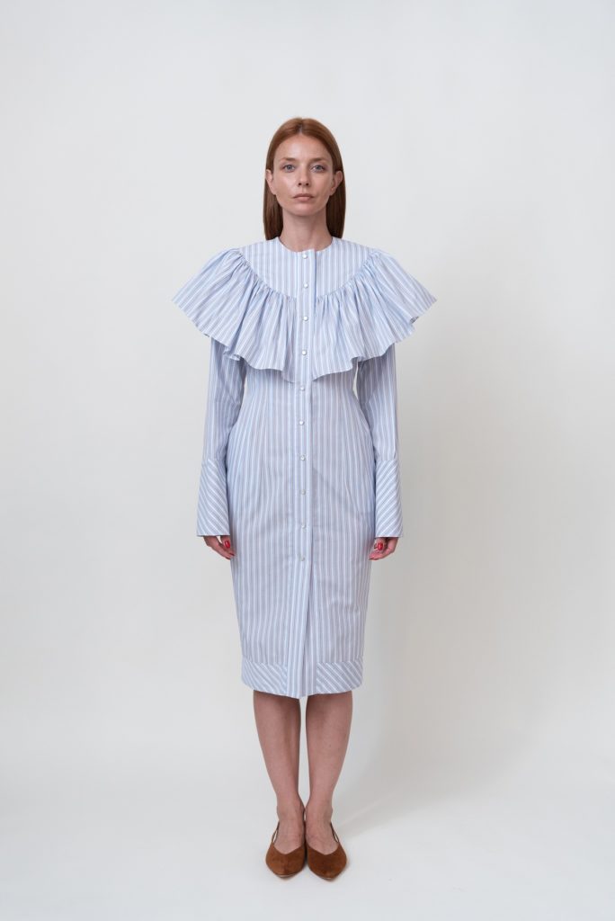 Ruffled Blue/White Stripes-Print Cotton Midi Dress