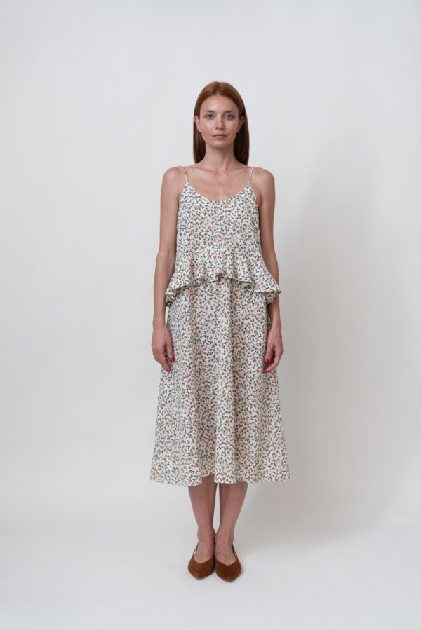 Ruffled Floral-Print Linen Dress