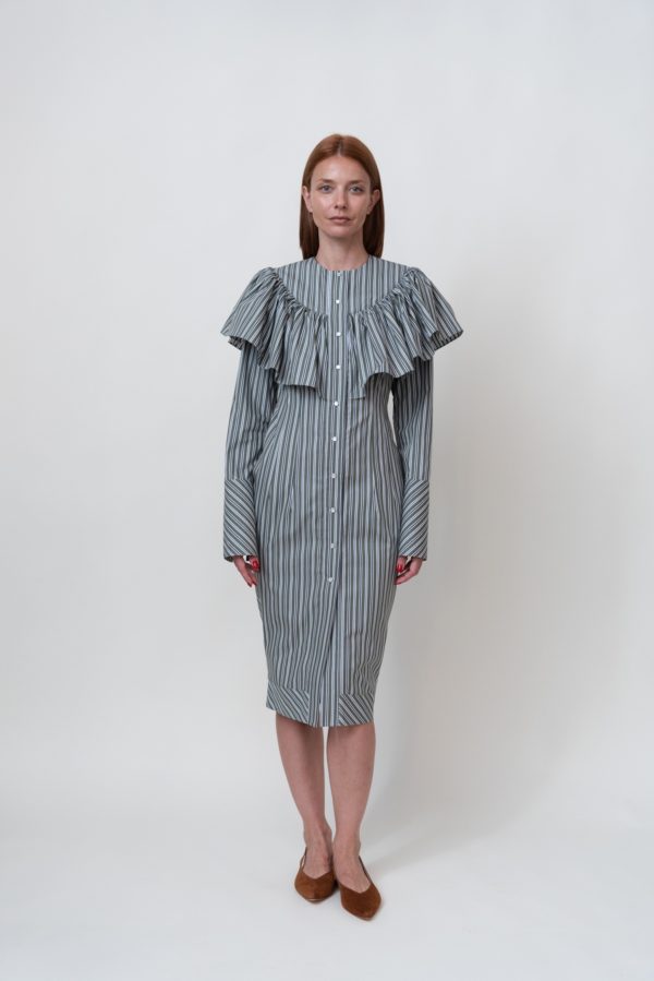 Ruffled Olive/White Stripes-Print Cotton Midi Dress
