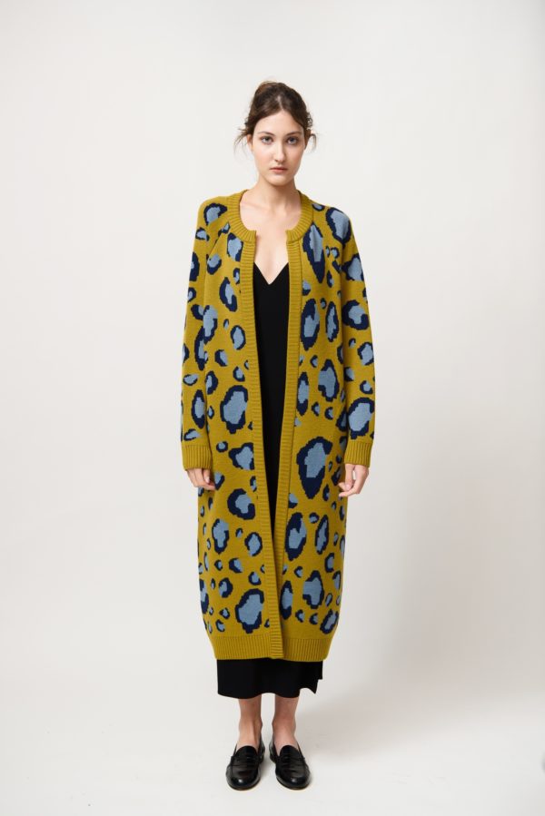 Long Yellow-Blue Wool Cardigan
