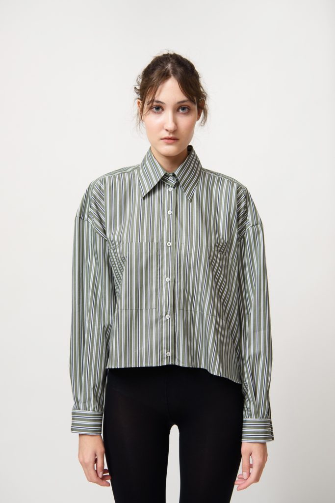 Oversized  olive-white stripped front-cropped shirt