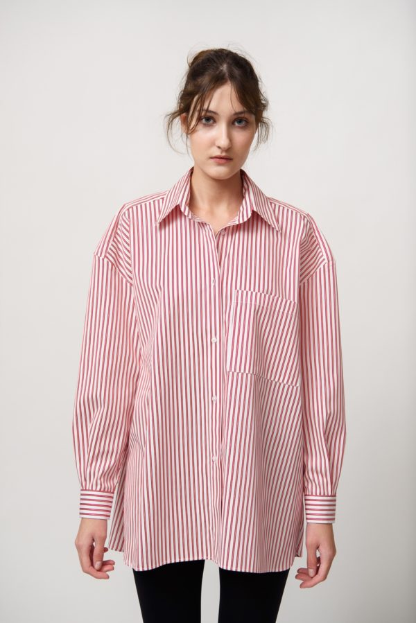 Oversized Red and White Narrow Stripped Shirt