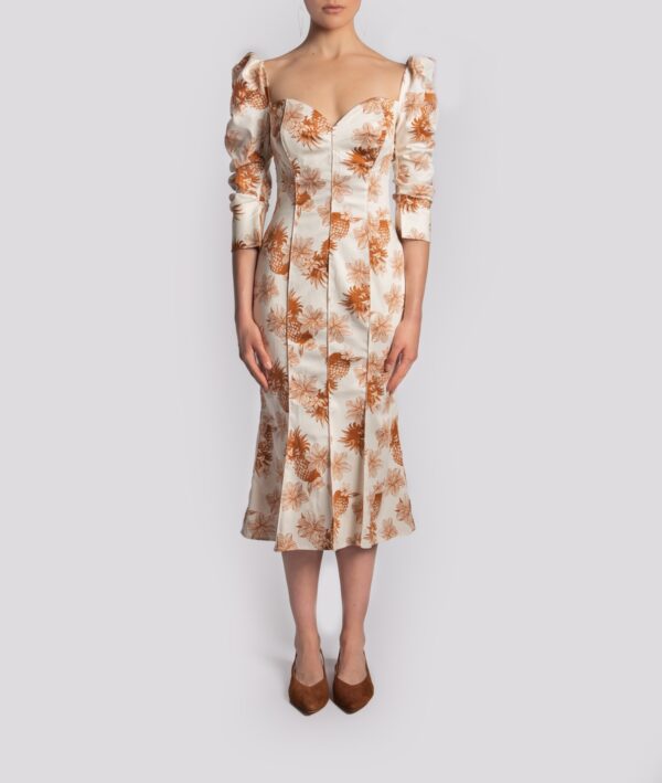 High cleavagea silouethed Midi dress in Tropic Mix Print