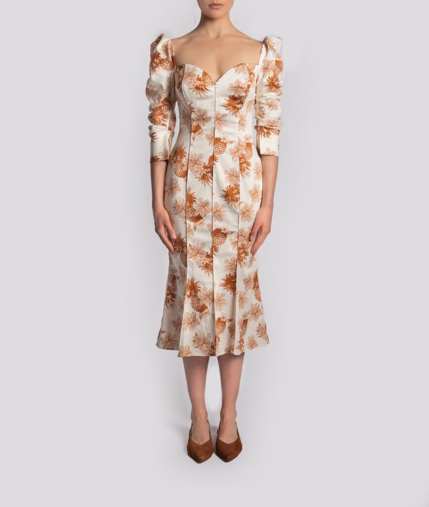 High cleavagea silouethed Midi dress in Tropic Mix Print
