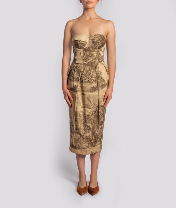 Strapless Midi Dress in Beige-Brown Rainforest Print