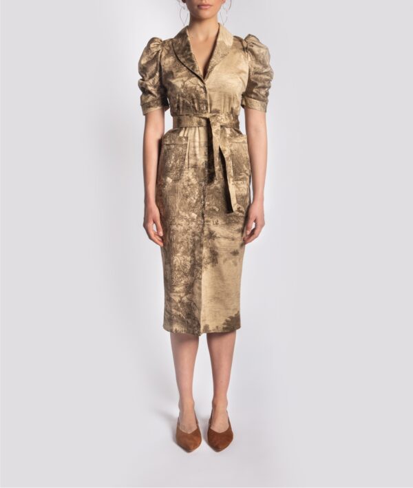 Vintage Midi buttoned and belted dress in Beige-Brown Rainforest Print