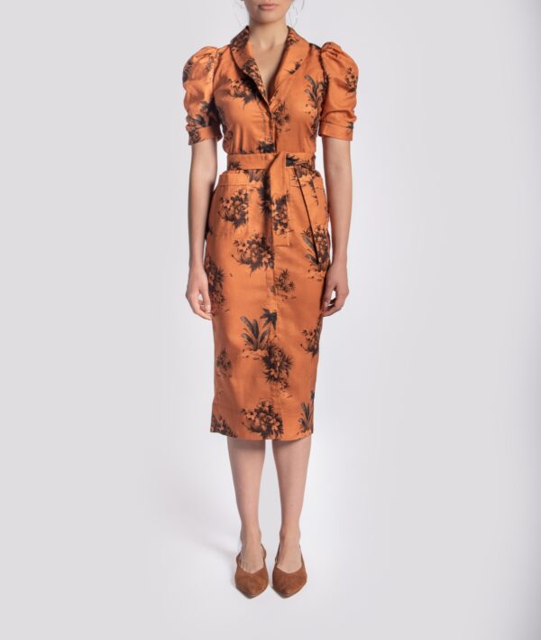 Vintage Midi buttoned and belted dress in Orange Island Print