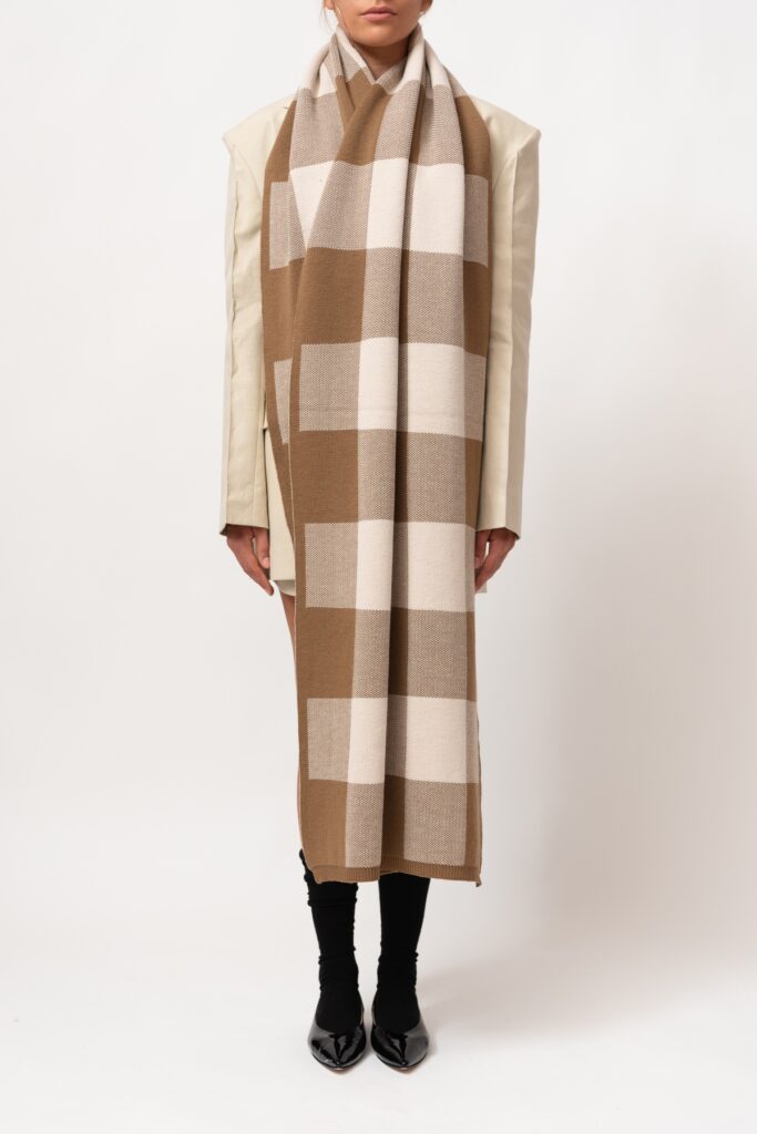 Checkered Oversized Wool Scarf in Beige - Camel