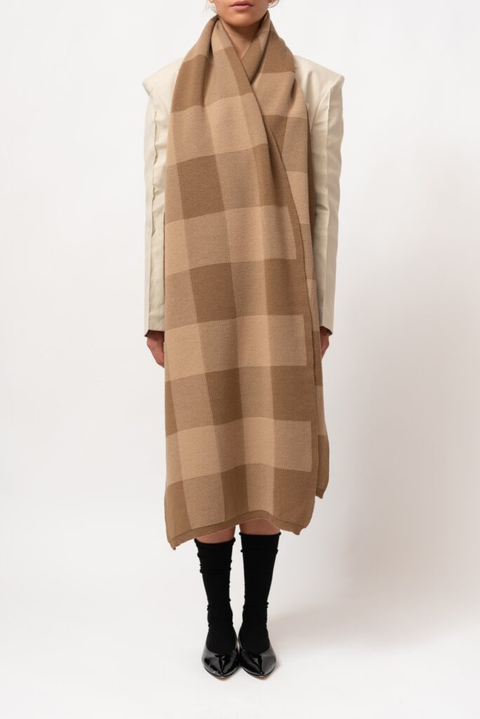 Checkered Oversized Wool Scarf in Brown - Camel