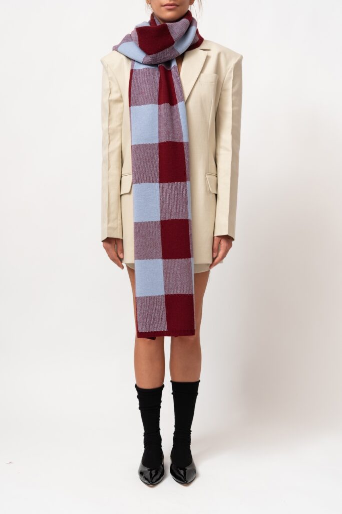 Narrow Checkered Scarf in Blue in Bordeaux
