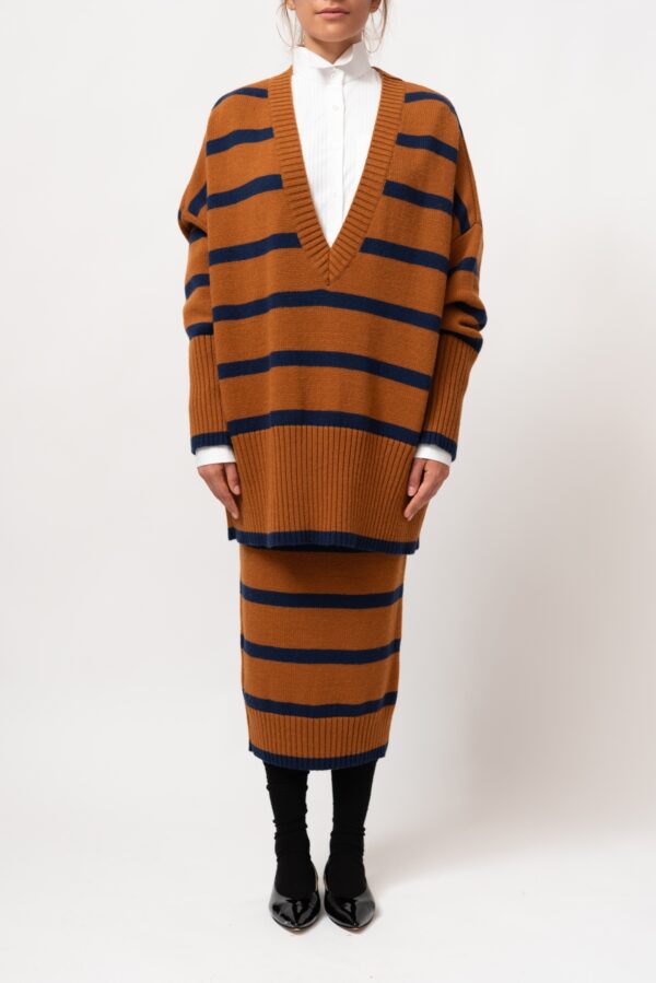 Stripped Wool Midi Skirt / Brown - Blue