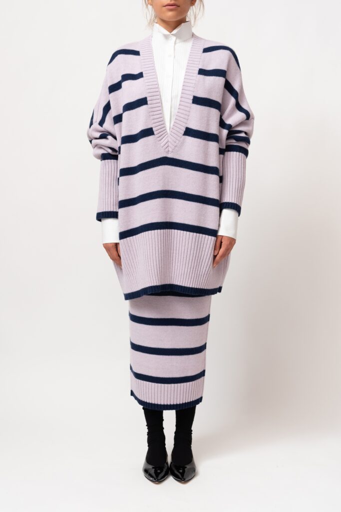 Stripped Wool Midi Skirt/ Lavender- Blue