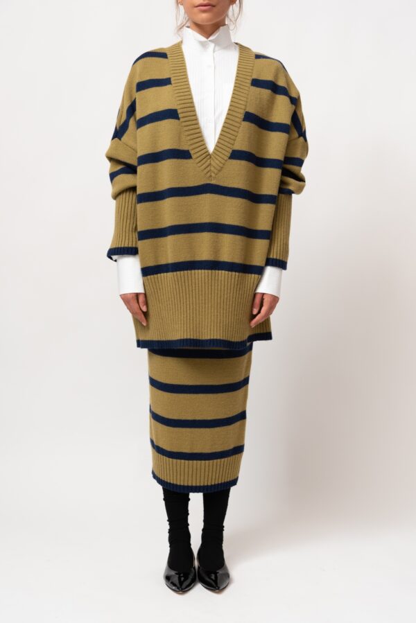Stripped Wool Midi Skirt / Olive- Blue