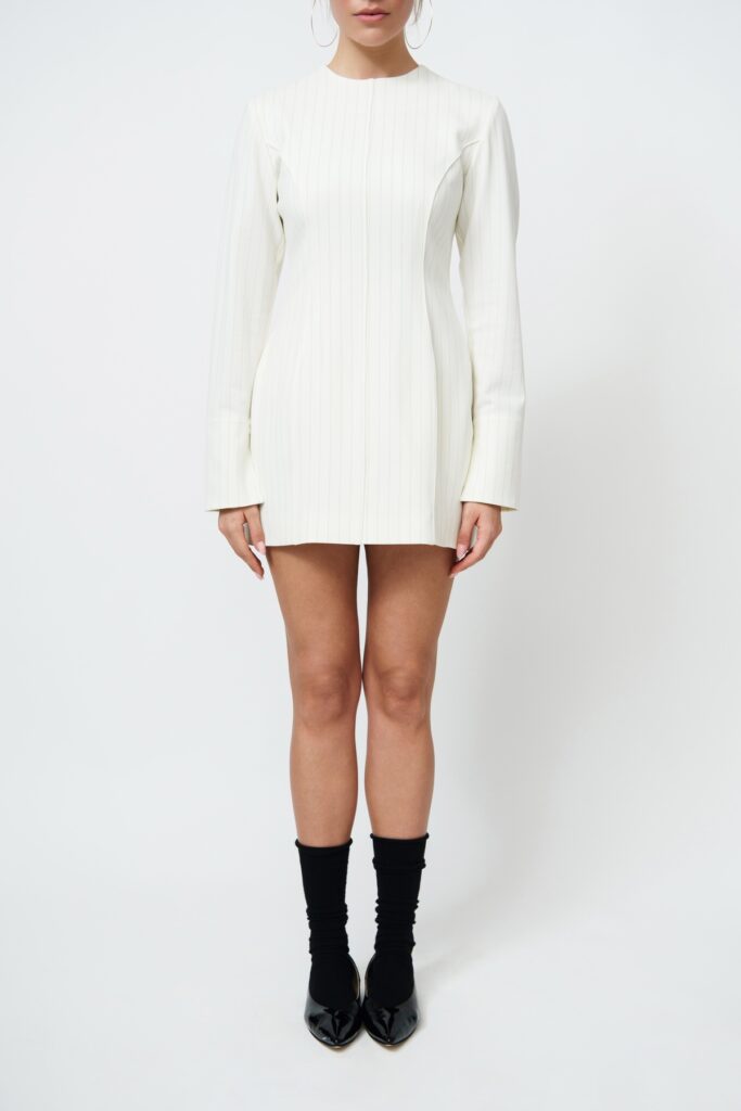 Wool Mini Dress in White with Green Stripes