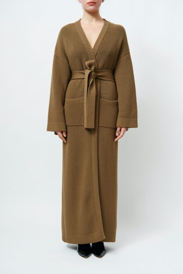 Long Ribbed Knitted Coat in Camel with Oversized Sleeves