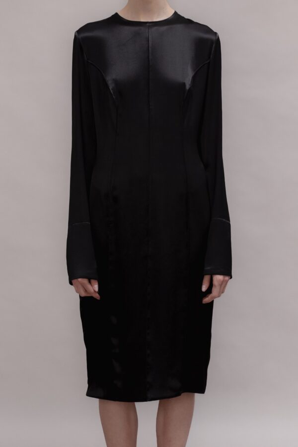 Black Satin Fitted Midi Dress